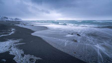 Long exposure of a black sand beach in Iceland. Long exposure photography.の素材