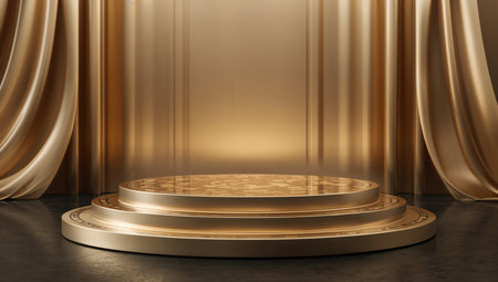 Golden podium with drapery and curtains. 3D rendering.の素材