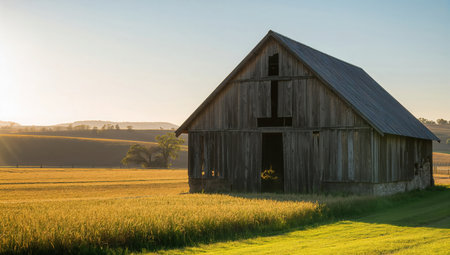 Abandoned barn in the countryside in the morning light at sunriseの素材