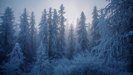 Foggy winter landscape with snow covered fir trees in the mountainsの素材