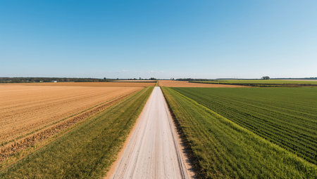 Aerial view of a country road through agricultural fields in summer.の素材