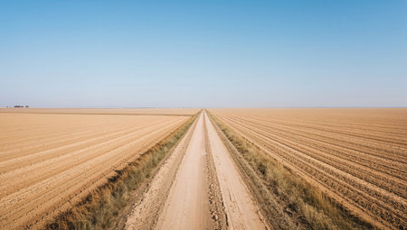 Dirt road through the field with blue sky in the background.の素材