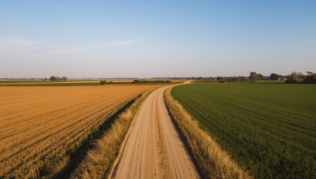 Aerial view of rural road through a wheat field at sunset.の素材