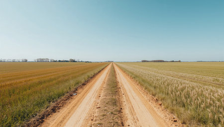 Rural dirt road through a field with ears of wheat in summerの素材