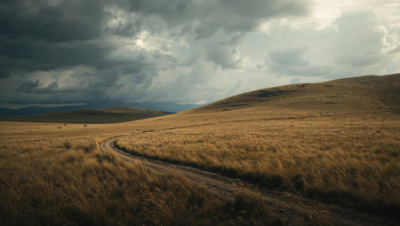 Dirt road through grassland in the steppe of Mongolia.の素材