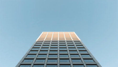 Low angle view of modern skyscraper with blue sky in the backgroundの素材