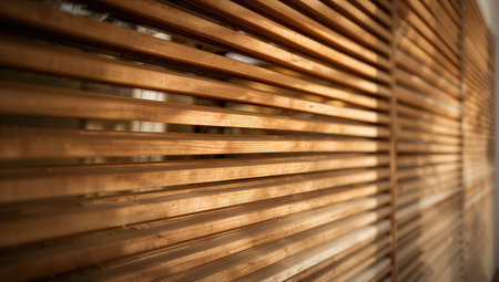 Wooden blinds for blinds in the room. Selective focus.の素材