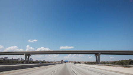 car on the road with blue sky and white clouds in the backgroundの素材