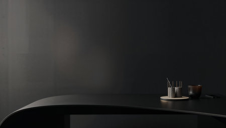 Black table in dark room with cup of coffee. 3D renderingの素材