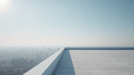 empty marble floor with cityscape and skyline in the background, 3d renderの素材