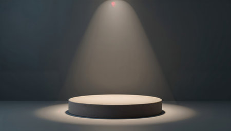 Round podium illuminated by spotlights in dark room. 3D renderingの素材