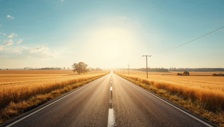 Road in the field at sunset. Landscape with asphalt road.の素材