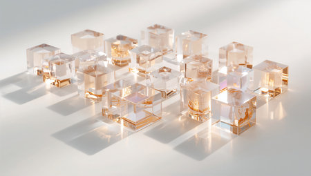 3d rendering of a set of crystal cubes with light effects.の素材