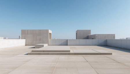 empty concrete floor and blue sky in modern office building with copy spaceの素材