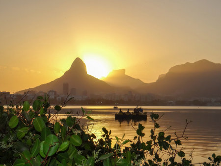 Sunset in Rio de Janeiro, Brazil. View of Rio de Janeiro and the Sugarloaf Mountainの写真素材
