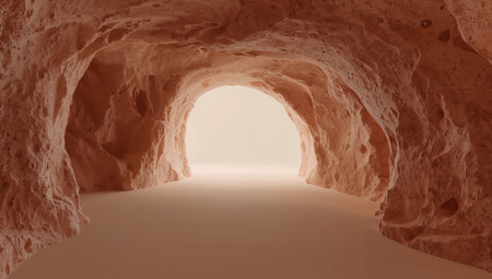 Cave entrance with light inside, 3d render illustration, horizontalの素材