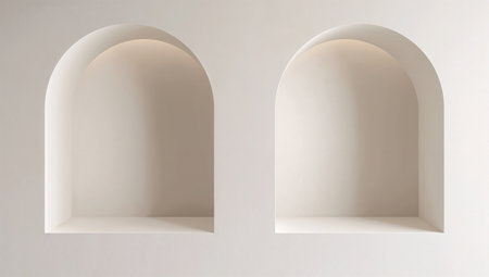 Empty white shelves on the wall, 3d rendering. Computer digital drawing.の素材