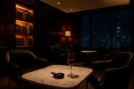 Luxury hotel interior with a glass of wine and a cigarの素材