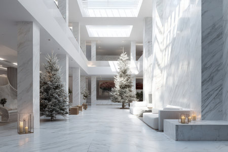 Interior of modern luxury hotel lobby with christmas tree. 3d renderingの素材