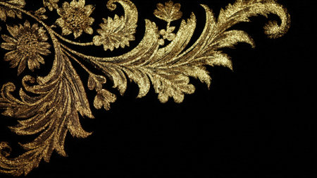 vintage gold floral ornament on black background. decorative element for design.の素材