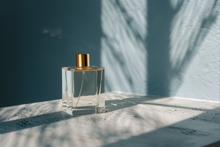 Perfume bottle on white table in sunlight, 3d renderの素材