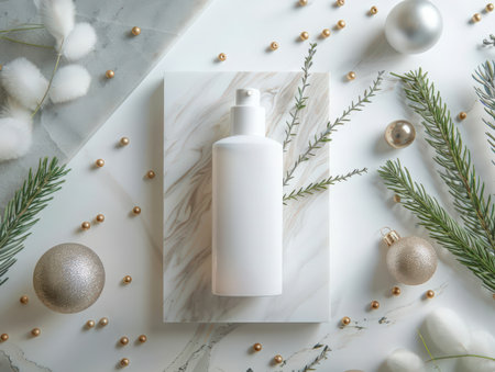 White cosmetic bottle mockup background with christmas ornamentsの素材