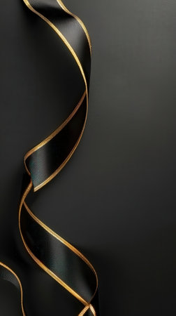 Curly black ribbon on black background. Copy space for text.の素材