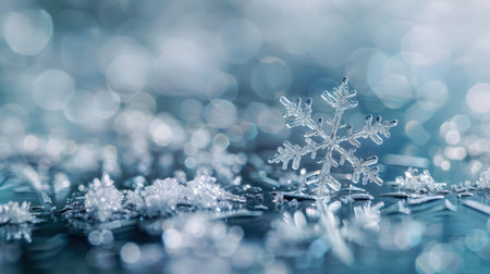 Christmas background with snowflakes on blue bokeh background.の素材