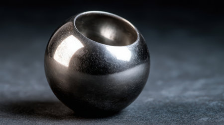 Close-up of a stainless steel ball on a dark background.の素材