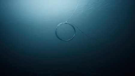 Underwater view of a fishing net in the deep blue sea.の素材