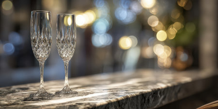 Two glasses of champagne on a bar counter with bokeh backgroundの素材