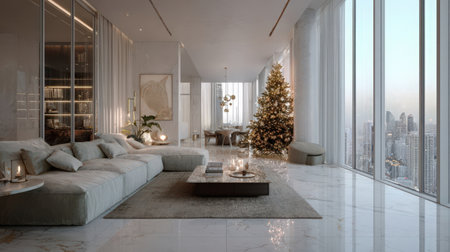 3d render of a modern living room with a Christmas tree.の素材