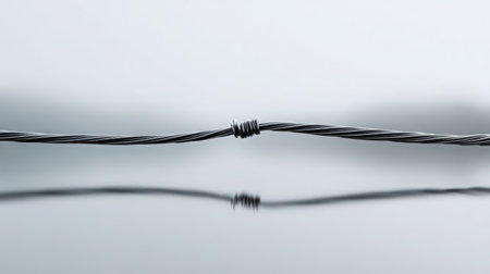 Close up of barbed wire on gray background with reflection in waterの素材