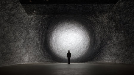 Silhouette of a man in a dark tunnel. 3D renderingの素材