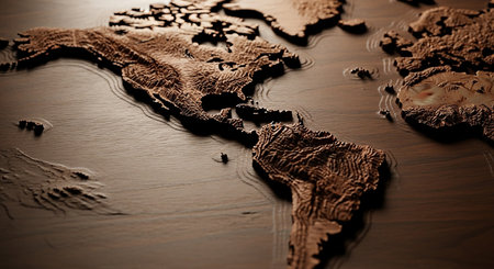 Map of the world on a wooden surface. 3d render.の素材