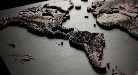 Old map of the world on a wooden surface. Selective focus. Toned.の素材