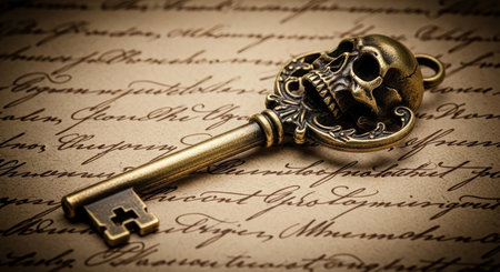 Vintage key on the old paper background with text and skull.の素材