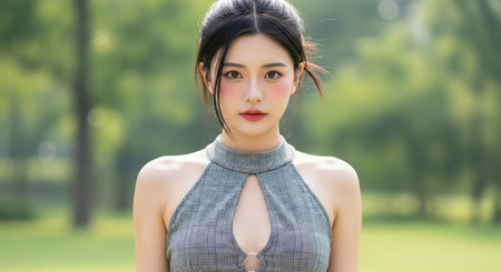 Portrait of a beautiful young Asian woman in the park.の素材