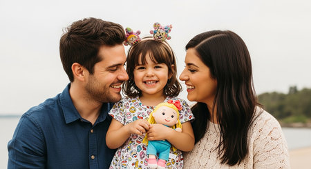 Image of happy young parents with little daughter outdoors. Looking aside.の素材