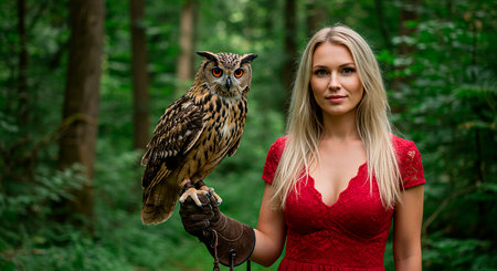 Beautiful young woman in a red dress with an owl in the forestの素材