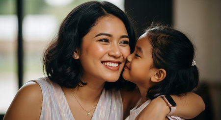 happy asian mother and daughter looking at each other in living roomの素材
