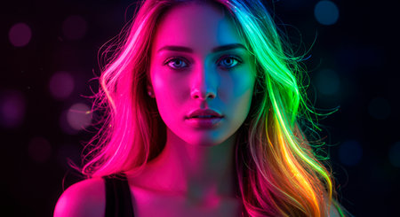 Portrait of a beautiful young woman with long pink hair in neon light.の素材