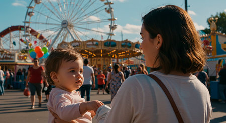 Mom and daughter on the background of a ferris wheel in the amusement parkの素材