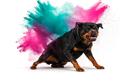 Rottweiler dog with colored powder splash isolated on white backgroundの素材