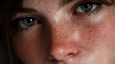 Close-up of a girl's face with freckles.の素材