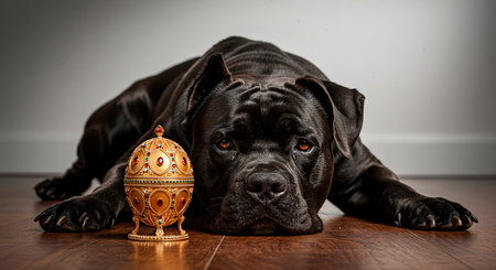 A black Cane Corso dog lying down on the floor with a golden egg.の素材