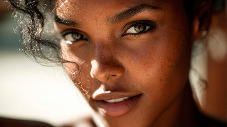 Close-up portrait of a beautiful young African American womanの素材
