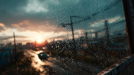 Rain drops on the window of a car in the city at sunsetの素材