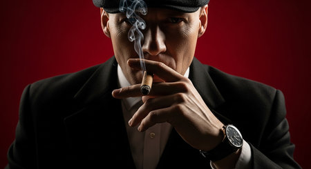 Portrait of a man in a black suit smoking a cigar.の素材