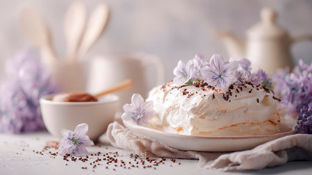 Delicious homemade cake with whipped cream and lilac flowers on light backgroundの素材